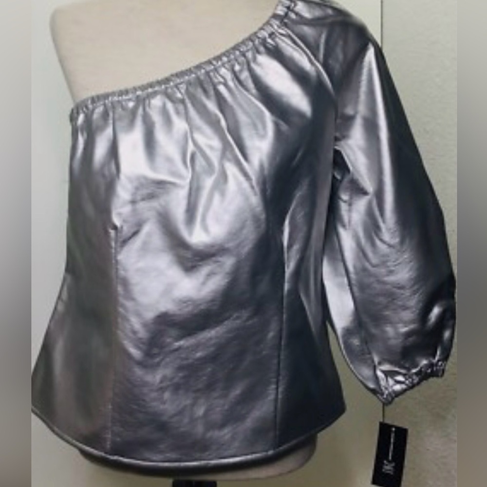 INC NWT Shiny Silver Metallic One-Shoulder Top - Picture 9 of 13